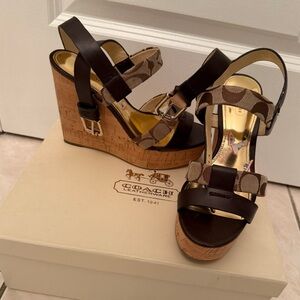 Coach Tan and Brown Wedge Sandals